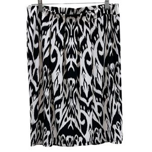 TRIBAL Black White Print Pleated Pencil Skirt MIDI Elastic Slip-On SZ M